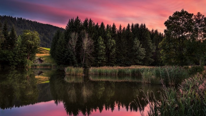 Sunset over a lake with a forest and a small cabin