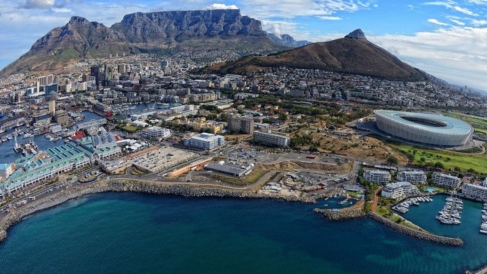 Aerial view of Cape Town with Table Mountain and stadium