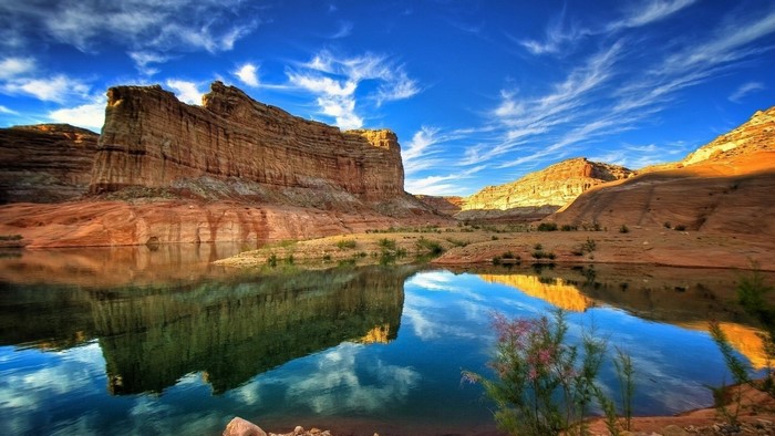 Desert Landscape with Lake and Rock Formations