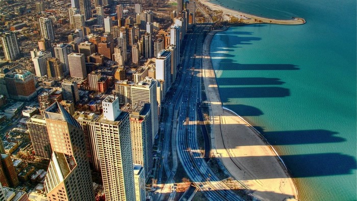 Chicago cityscape with Lake Michigan and highway
