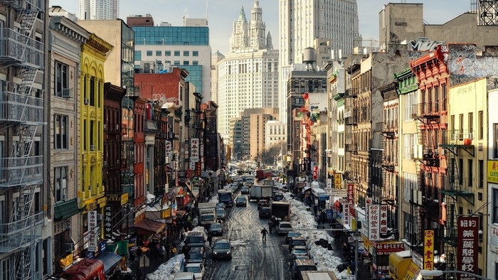 Chinatown street scene with snow