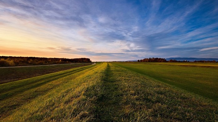 Grassy field at sunset with dramatic sky