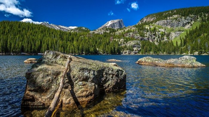 Mountain Lake with Pine Forest and Rocky Peaks