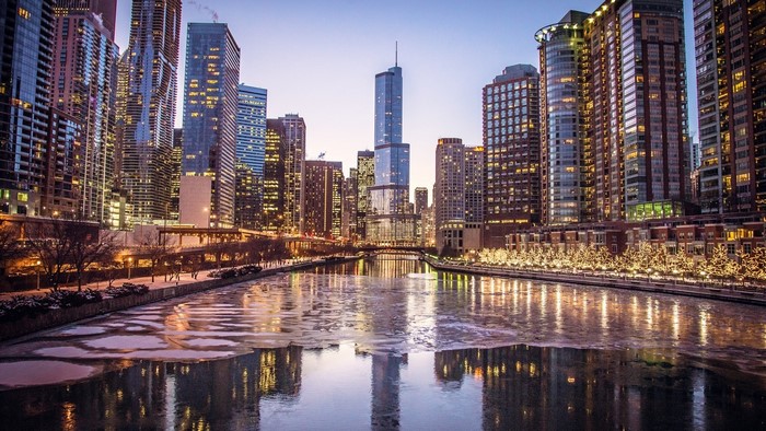 Chicago River with Trump Tower at Dusk