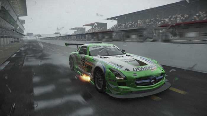 Green Mercedes Race Car on Wet Track