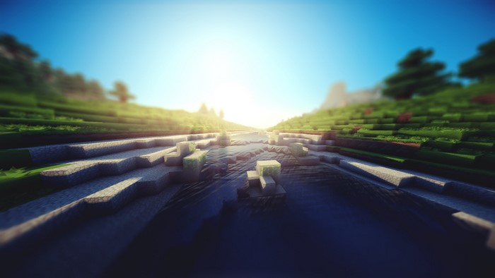 Minecraft landscape with river at dawn