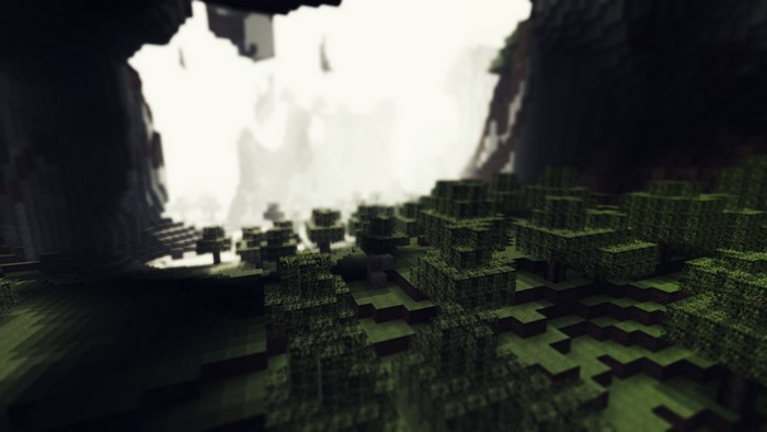 Minecraft cave with trees and fog