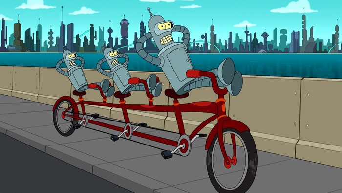 Bender from Futurama on a tandem bicycle