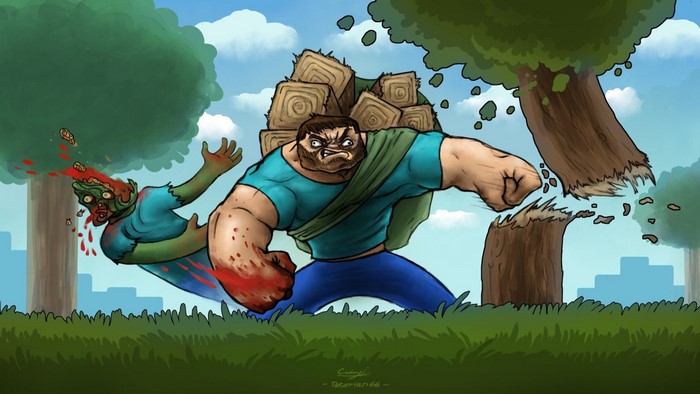 Steve fighting a zombie in Minecraft