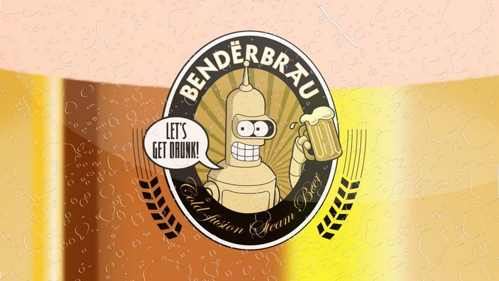 Benderbrau beer label with Bender holding a beer