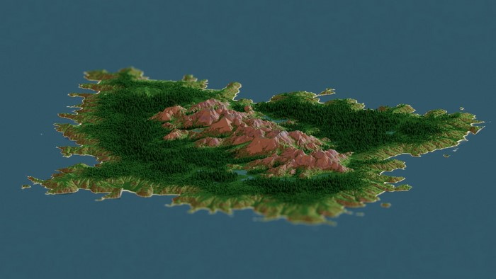 Minecraft Island Render with Mountains and Forests