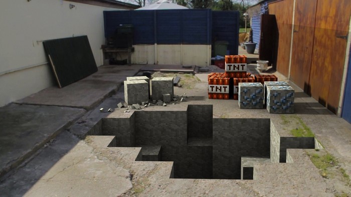 Minecraft TNT and Diamond Blocks in Backyard