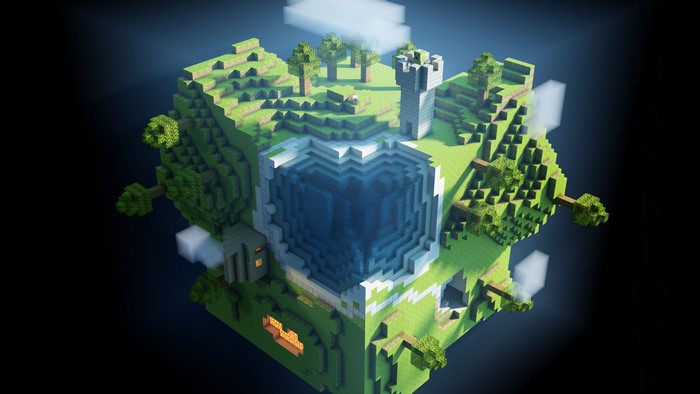4K Minecraft planet with a castle and lake