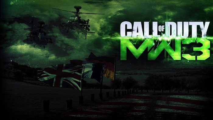 Call of Duty: Modern Warfare 3 game art with helicopters and flags