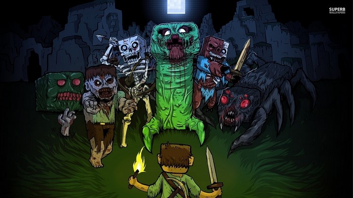 Minecraft monsters and Steve with torch and sword
