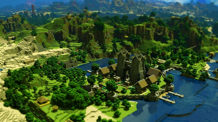 Minecraft landscape with castle and village