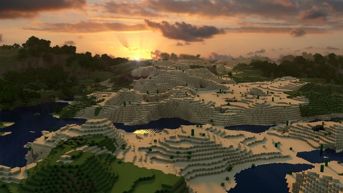 Minecraft landscape at sunrise