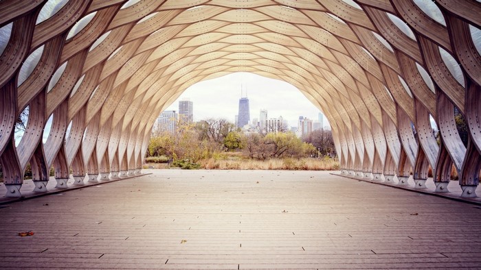 Wooden Pavilion with Chicago Skyline View