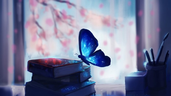 Blue butterfly on books near window with cherry blossoms