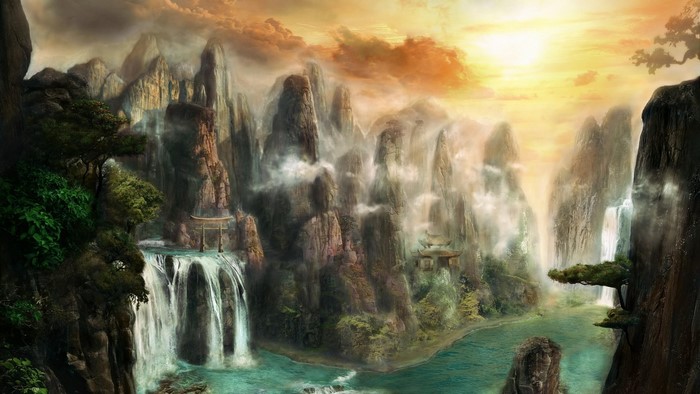 Misty Mountains with Waterfalls and Torii Gates