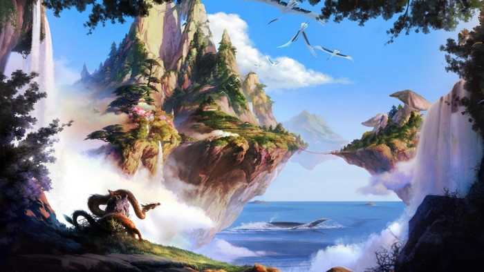 Floating Islands with Waterfalls and Whales