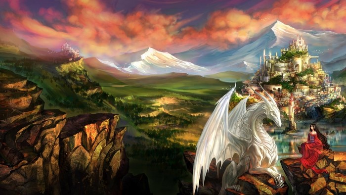 White Dragon and Woman near Fantasy City