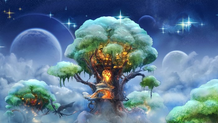 Magical treehouse city in the clouds with planets