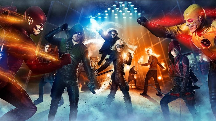 The Flash, Arrow, and Legends of Tomorrow characters in action