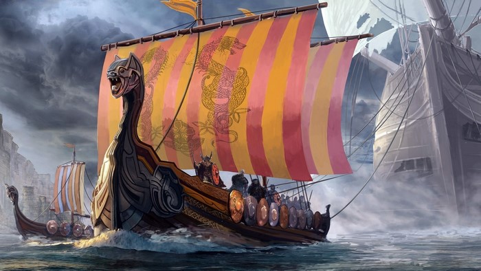 Viking longships with dragon figureheads sailing