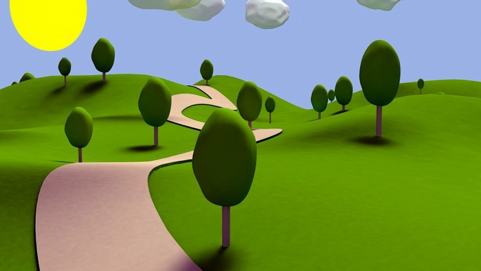 3D Render of a Winding Road Through Green Hills