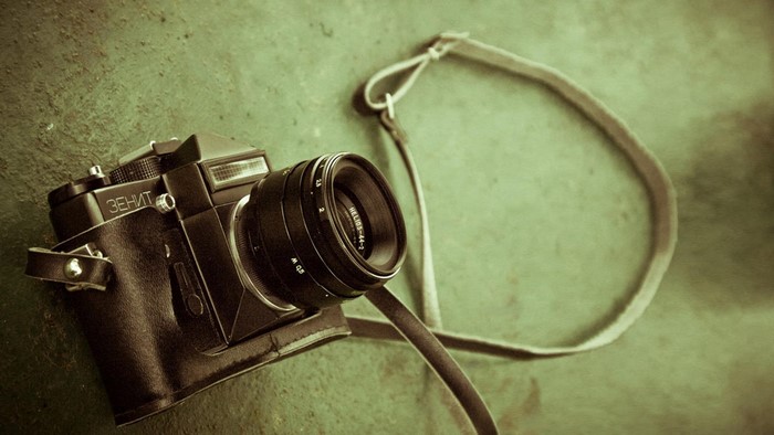 Zenit camera with Helios lens and leather holster