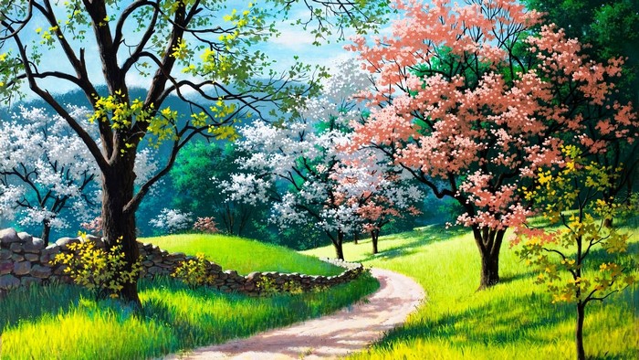Spring Nature Painting with Trees, Grass, and Road