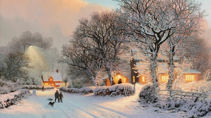 Winter Village Scene with Snow and Lights