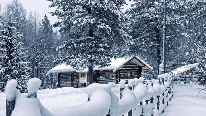 Winter cabin in a snowy forest
