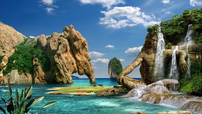 Fantasy island with waterfalls and rock formations