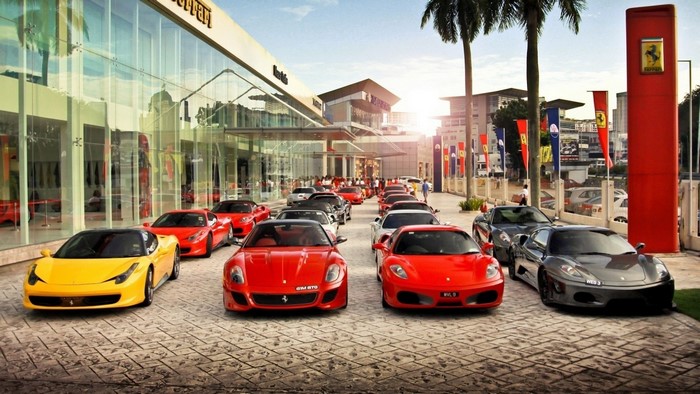 Ferrari Dealership with a line of sports cars