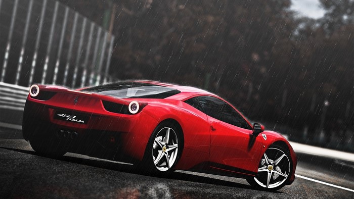 Red Ferrari 458 Italia on a Rainy Road