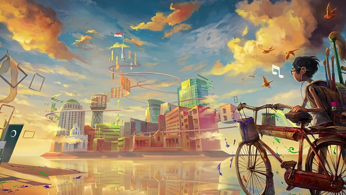 Fantasy art of a boy on a bicycle in a surreal city