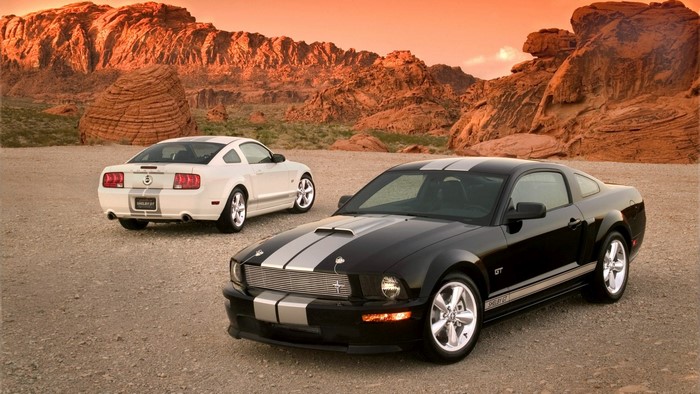 Two Ford Mustangs in a desert landscape