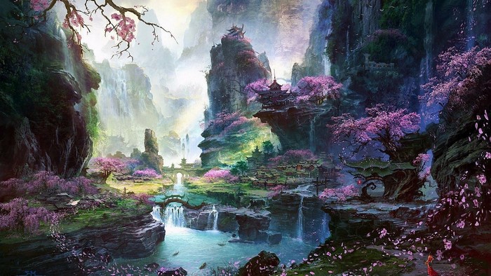 Fantasy landscape with waterfalls and cherry blossoms