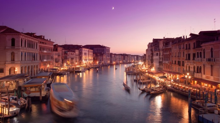 Venice Canal at Dusk with Boats