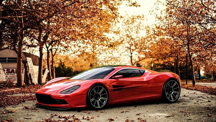 Red Aston Martin in Autumn