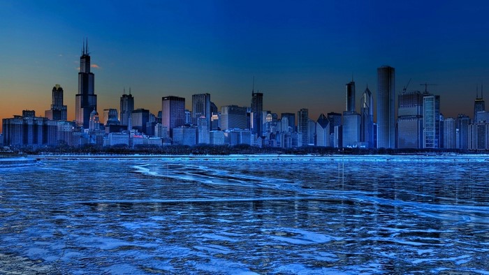 Chicago Winter Skyline Over Frozen Lake