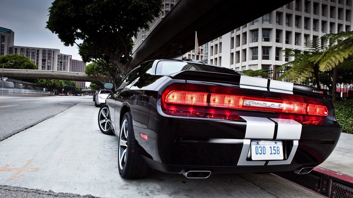 Black Dodge Challenger with white stripes in city