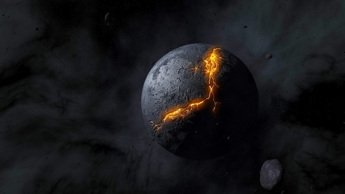 Cracked planet with glowing lava in space