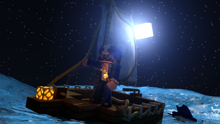 Minecraft character on a boat at night