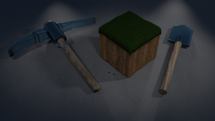 Diamond Pickaxe and Shovel with Grass Block