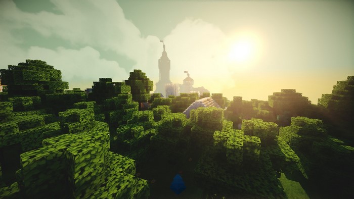 Minecraft castle in a forest with sunlight
