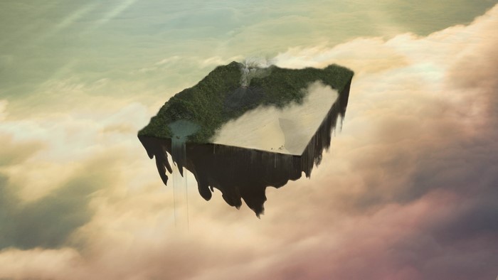 Floating island with waterfalls and a volcano