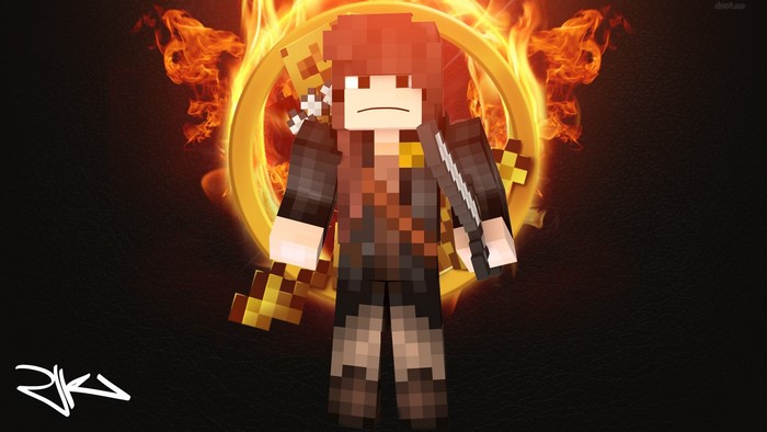 Minecraft character with Hunger Games symbol